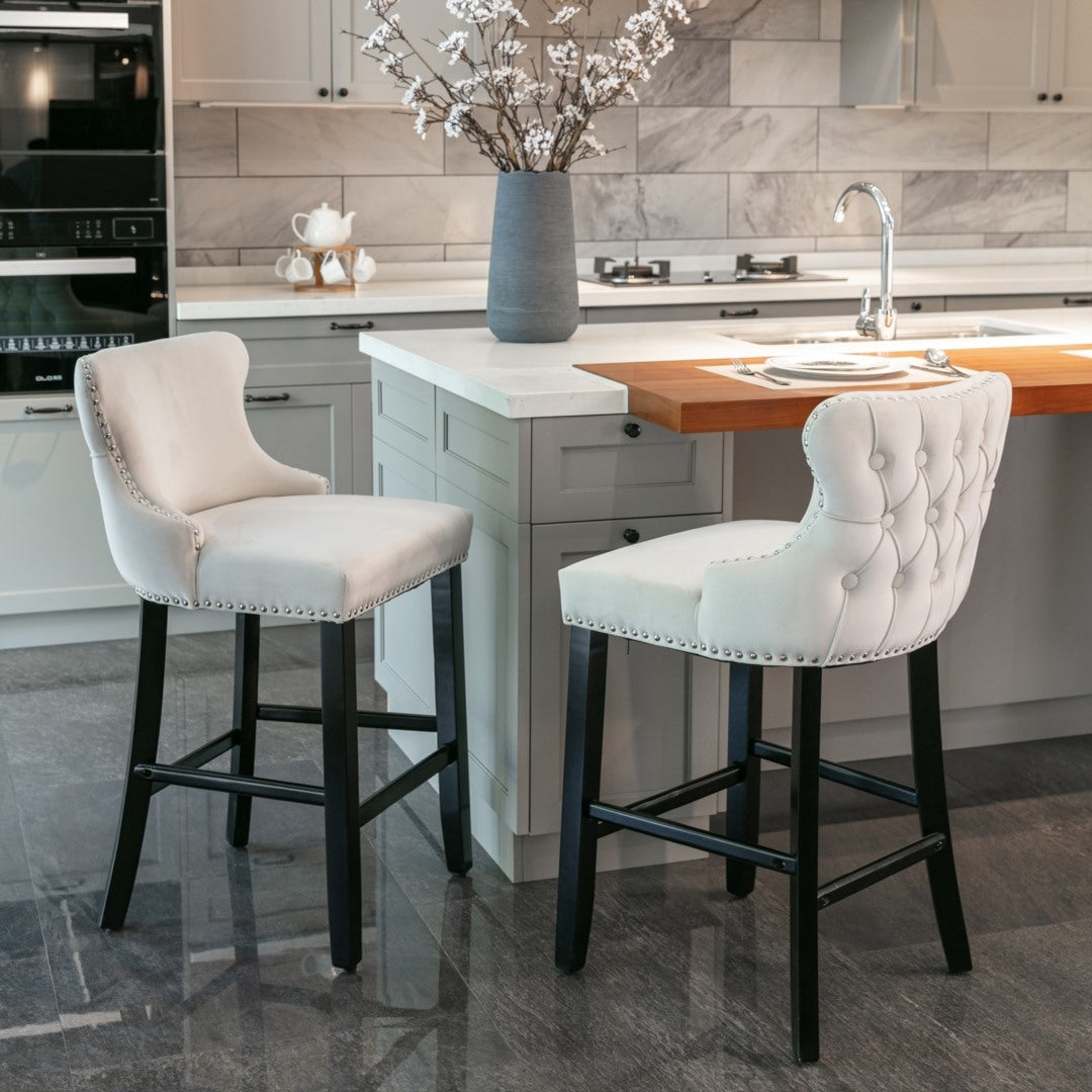 2X Velvet Upholstered Button Tufted Bar Stools With Wood Legs And Studs-Beige