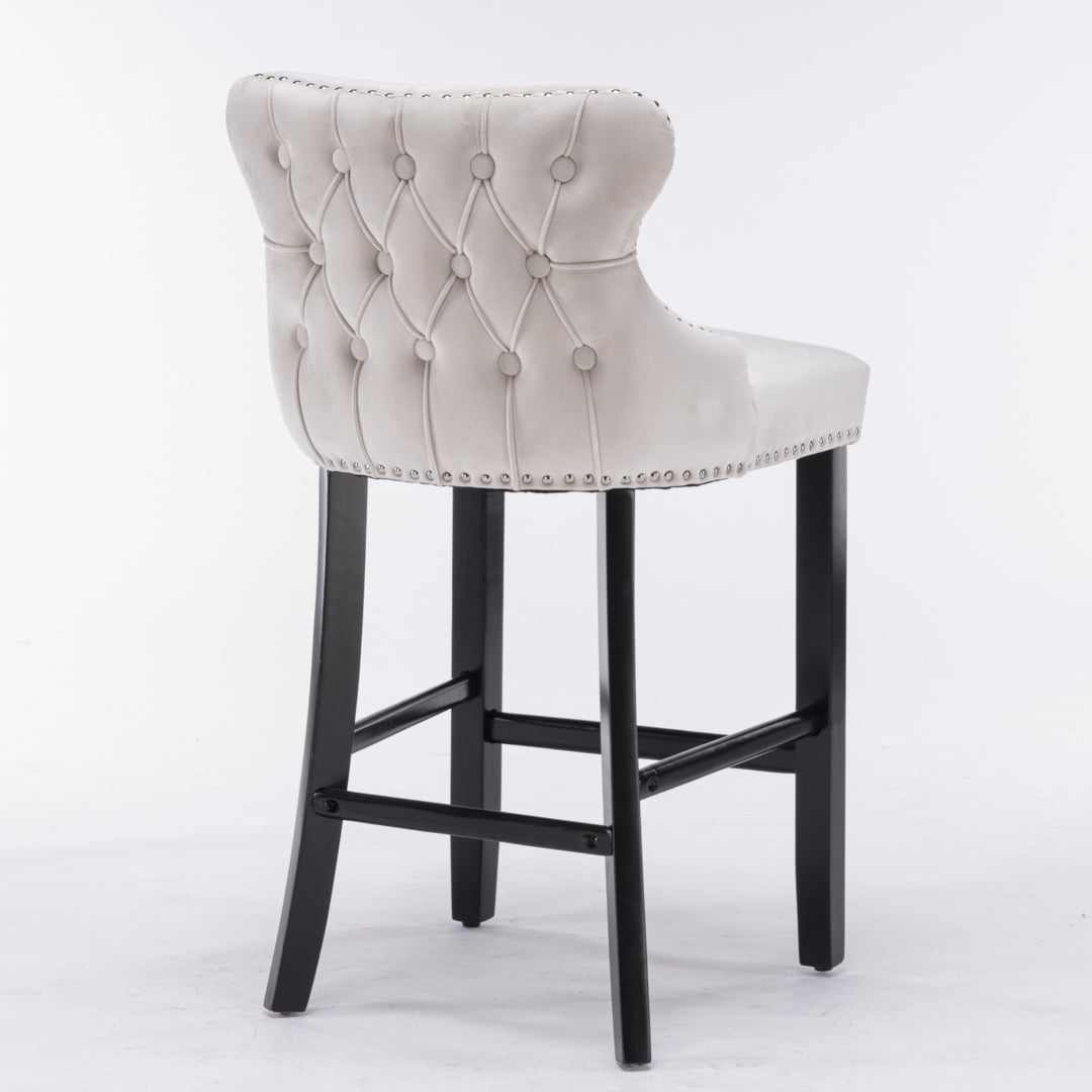 2X Velvet Upholstered Button Tufted Bar Stools With Wood Legs And Studs-Beige