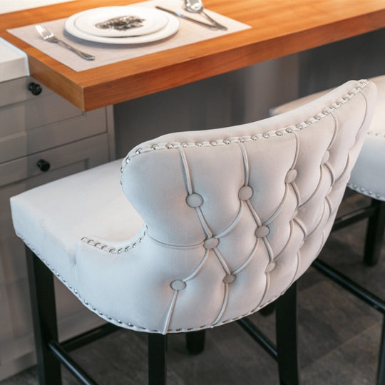 2X Velvet Upholstered Button Tufted Bar Stools With Wood Legs And Studs-Beige, Table & Bar Stools