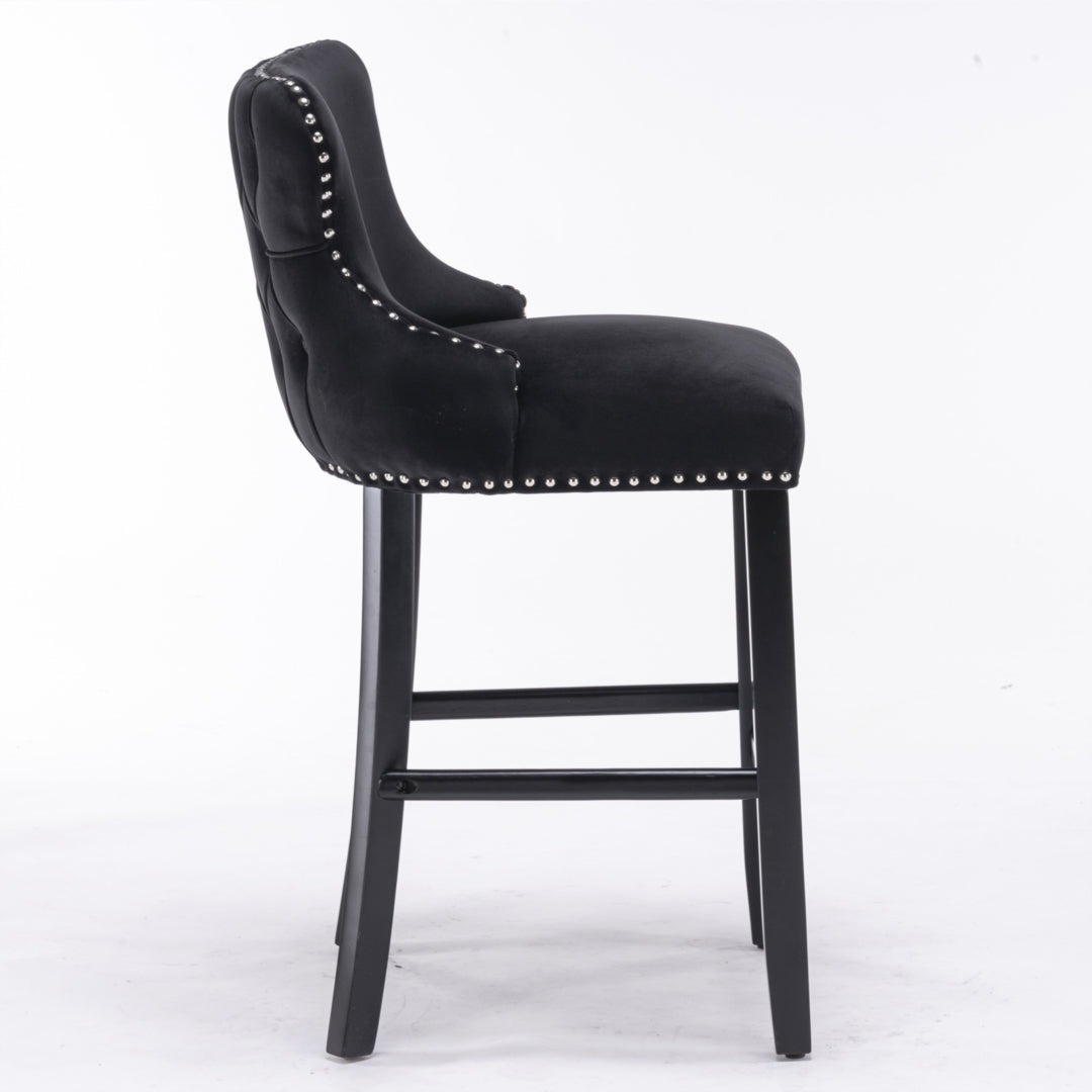 2X Velvet Upholstered Button Tufted Bar Stools With Wood Legs And Studs-Black