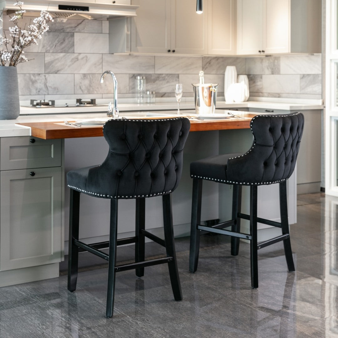 2X Velvet Upholstered Button Tufted Bar Stools With Wood Legs And Studs-Black