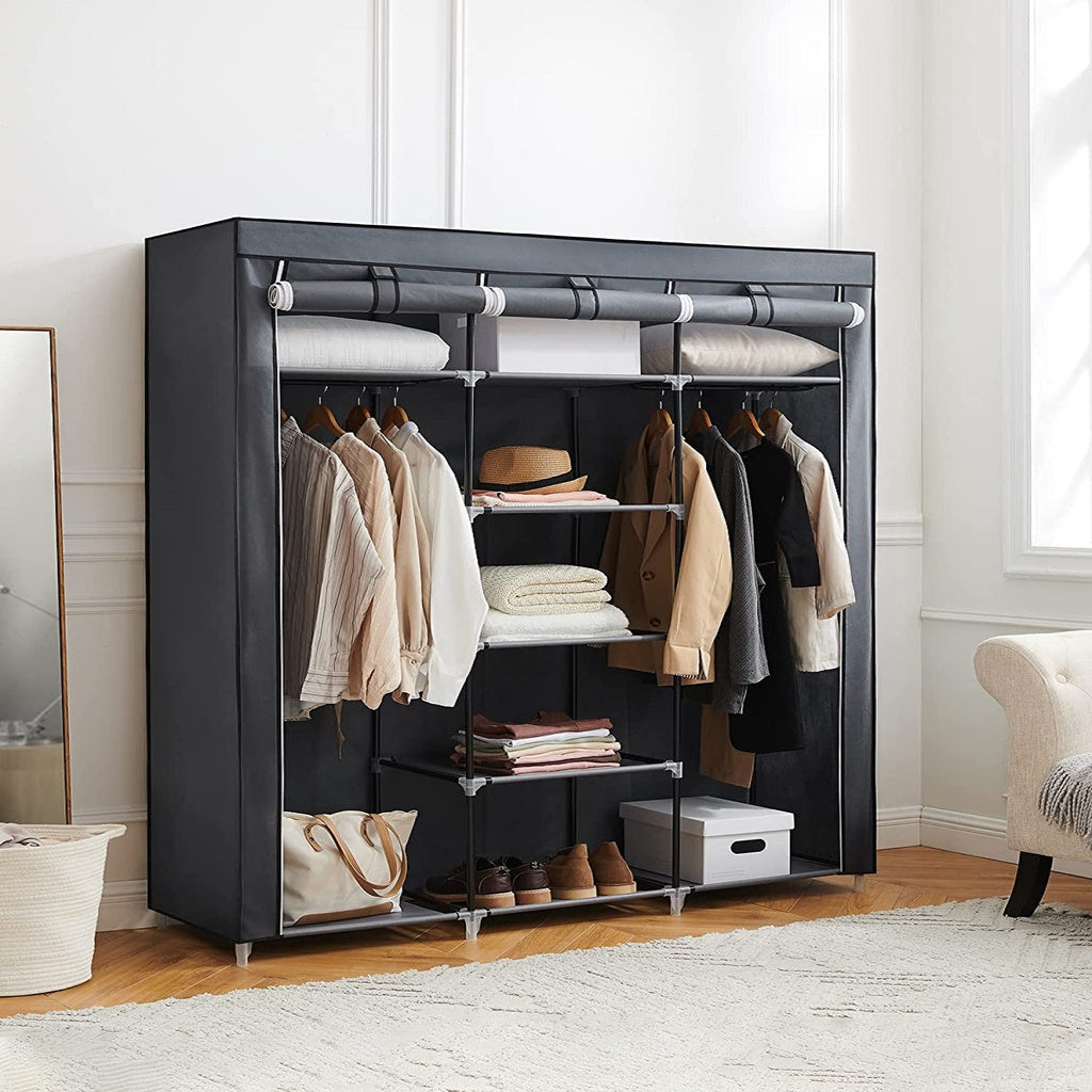 Folding Wardrobe Fabric Cabinet With 2 Clothes Rails Black