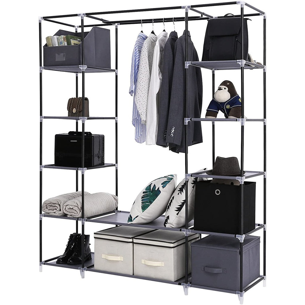 Folding Wardrobe Fabric Cabinet with 2 Clothes Rails Black/Grey