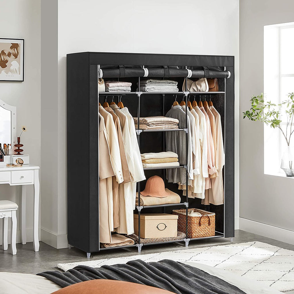 Folding Wardrobe Fabric Cabinet with 2 Clothes Rails Black/Grey