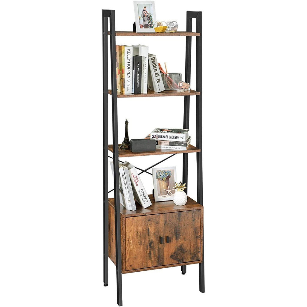 Ladder Bookshelf with Cupboard Rustic Brown