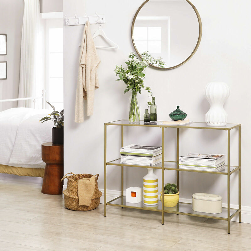 Console Table 3 Tier Tempered Glass Sofa Table for Modern Storage Shelf Golden LGT27G