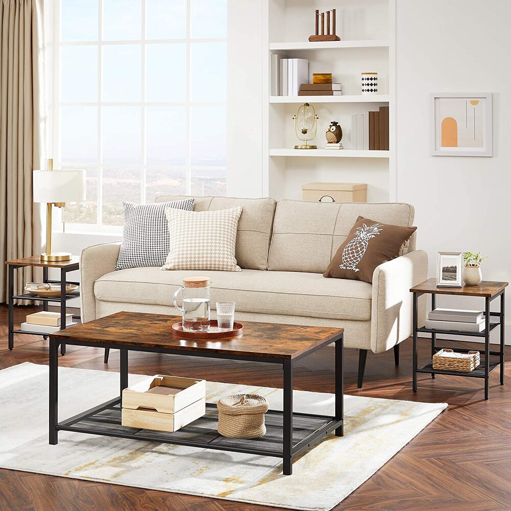 Coffee Table Living Room Table with Dense Mesh Shelf Large Storage Space Rustic Brown