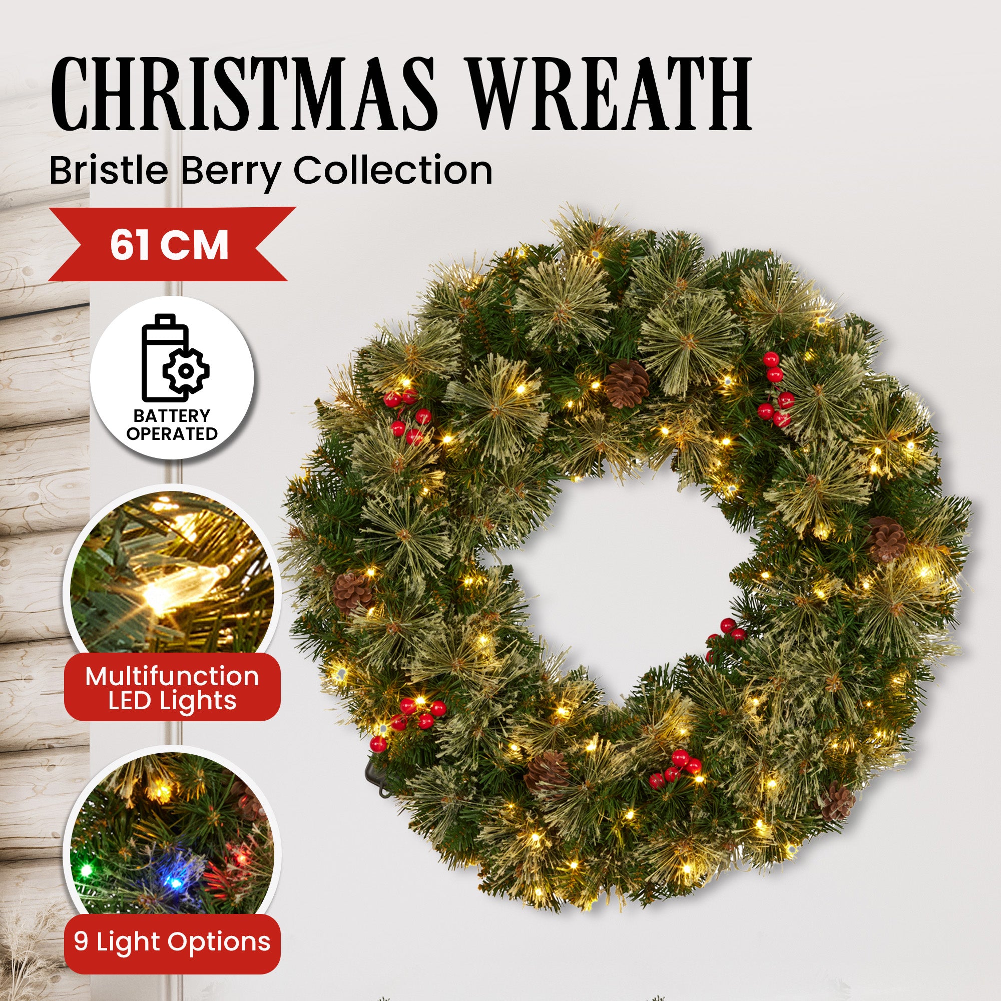 61cm Christmas Wreath LED Lights Pine Cones Berries Front Door Decor