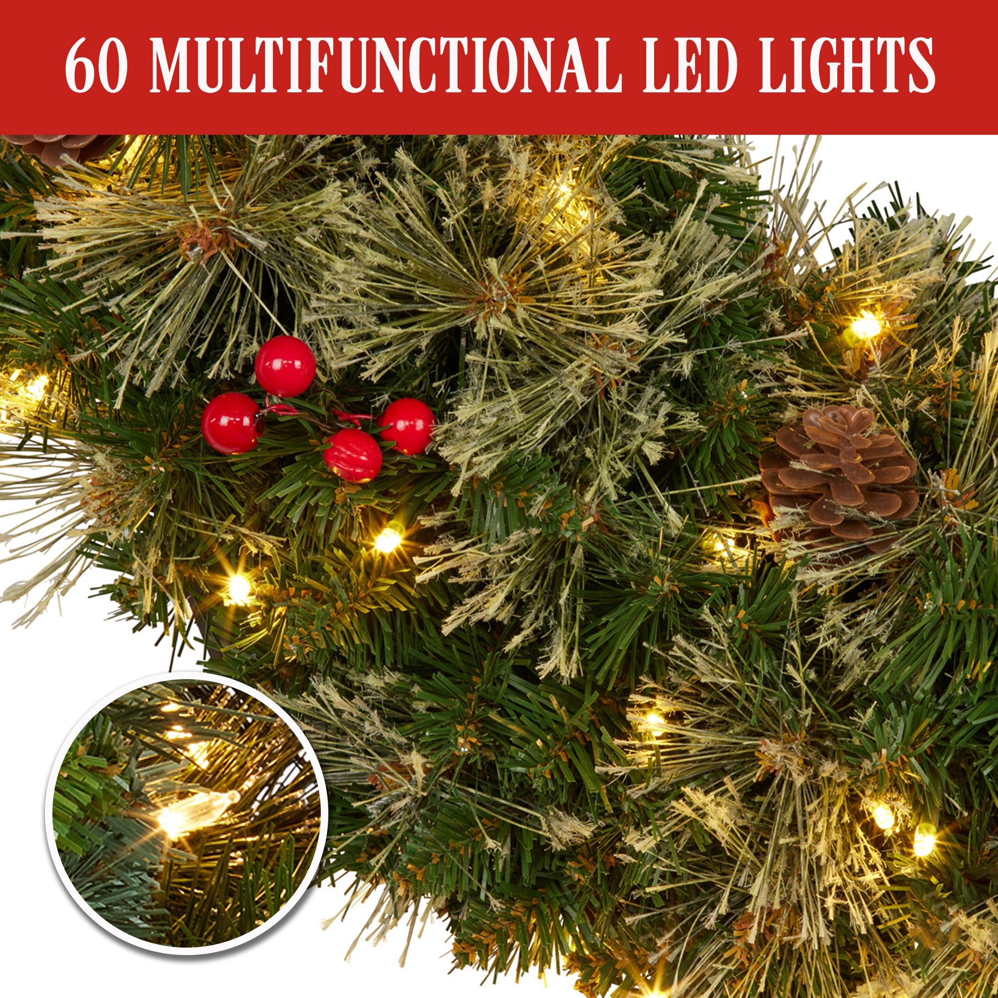 61cm Christmas Wreath LED Lights Pine Cones Berries Front Door Decor