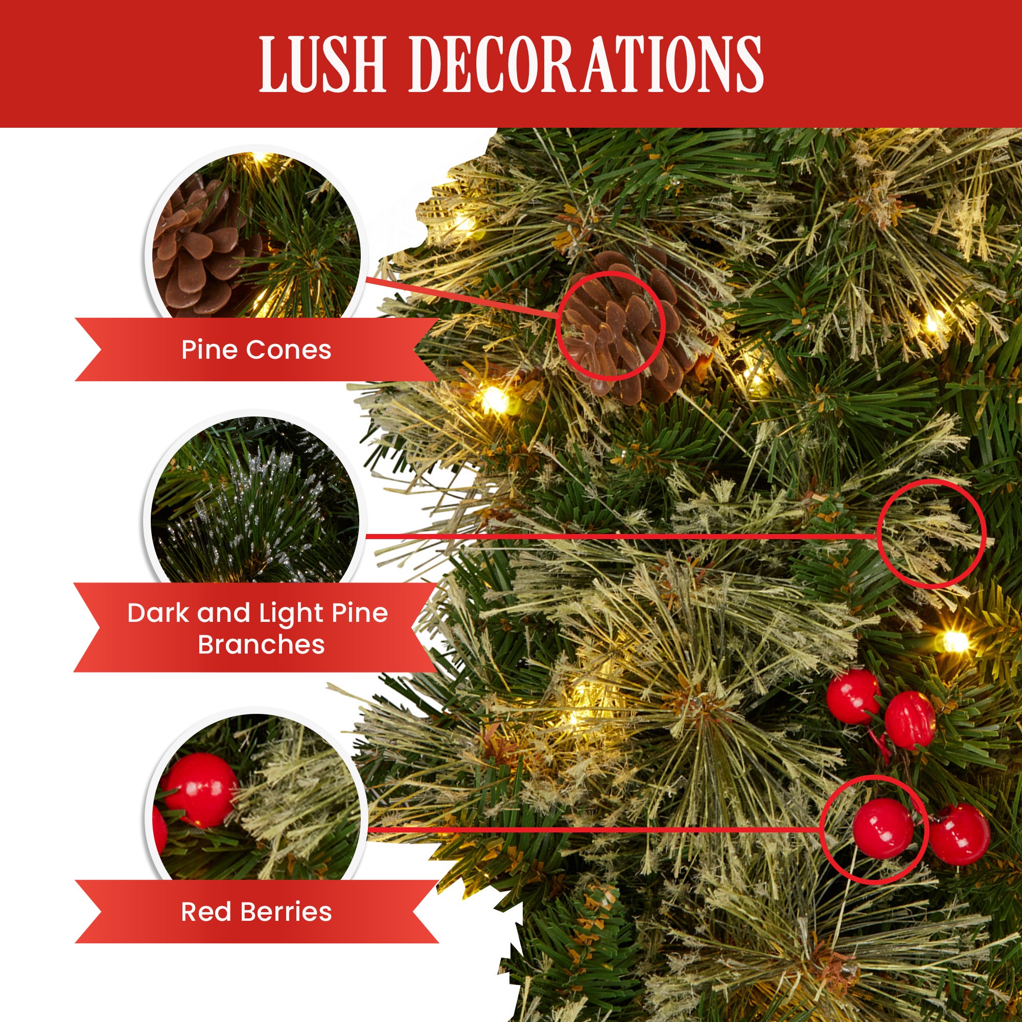 61cm Christmas Wreath LED Lights Pine Cones Berries Front Door Decor