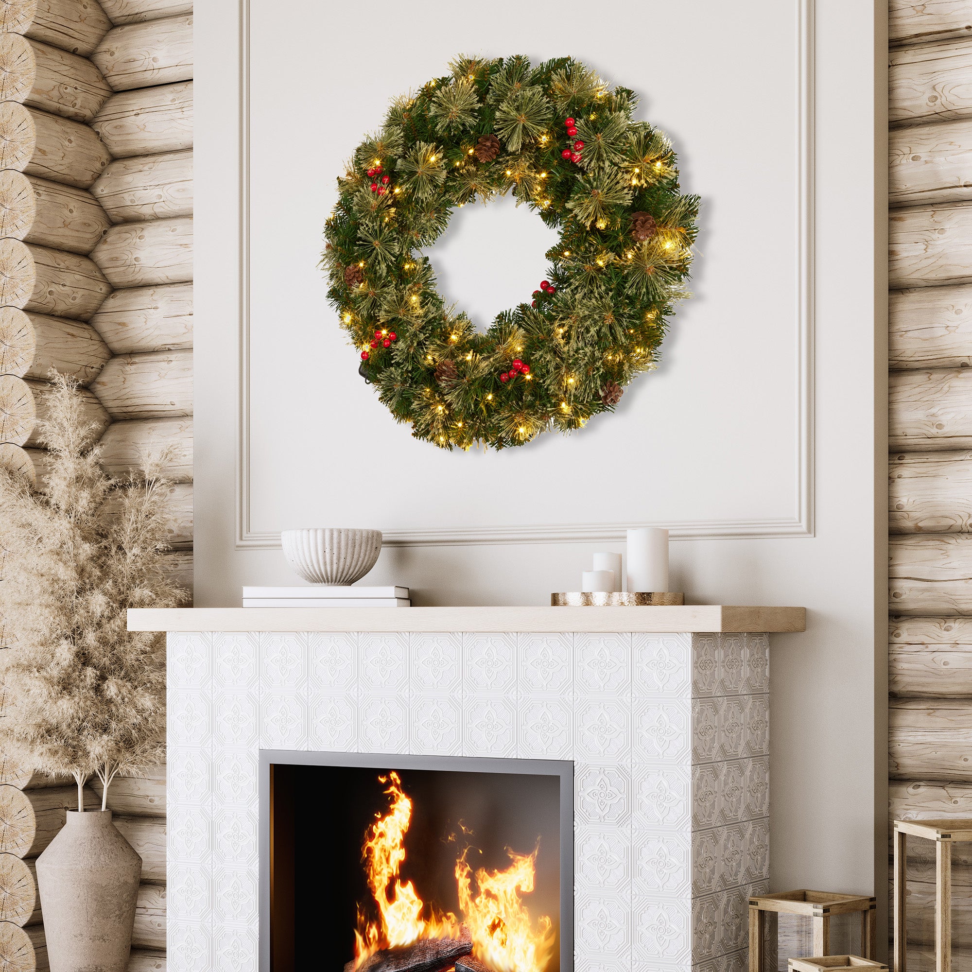 61cm Christmas Wreath LED Lights Pine Cones Berries Front Door Decor