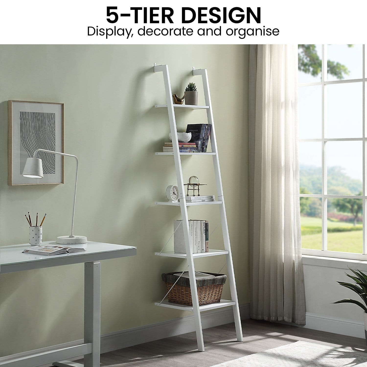 5 Tier White Ladder Shelf 45x45x190cm