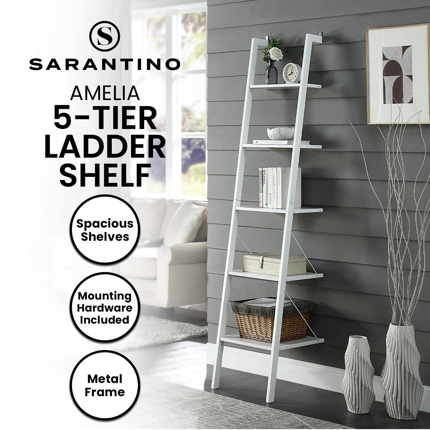 5 Tier White Ladder Shelf 45x45x190cm