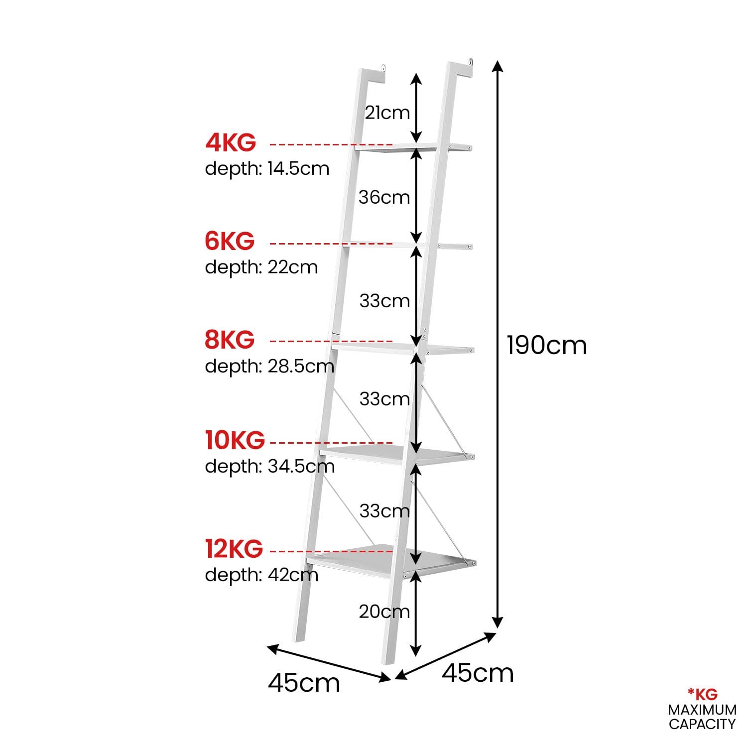 5 Tier White Ladder Shelf 45x45x190cm