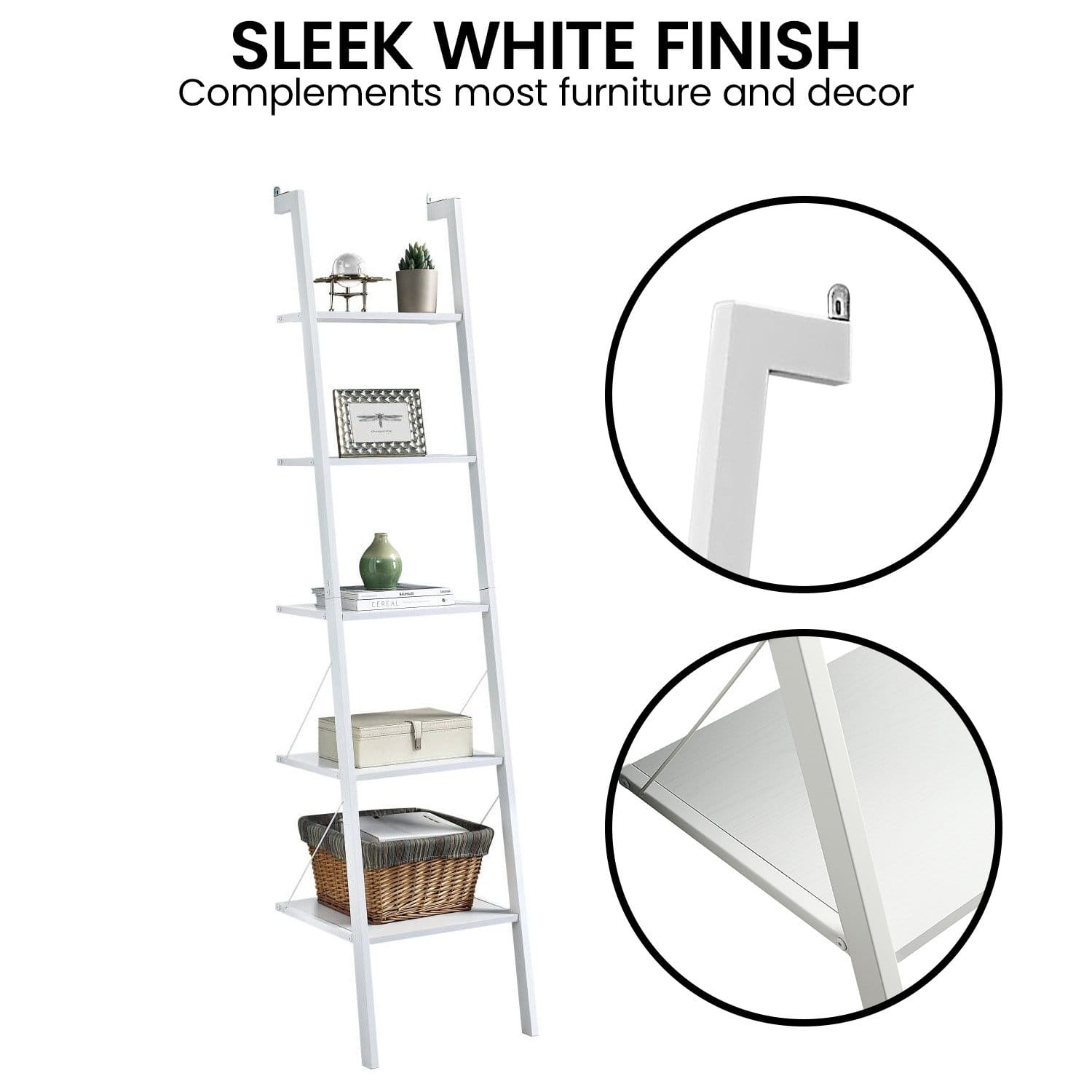 5 Tier White Ladder Shelf 45x45x190cm