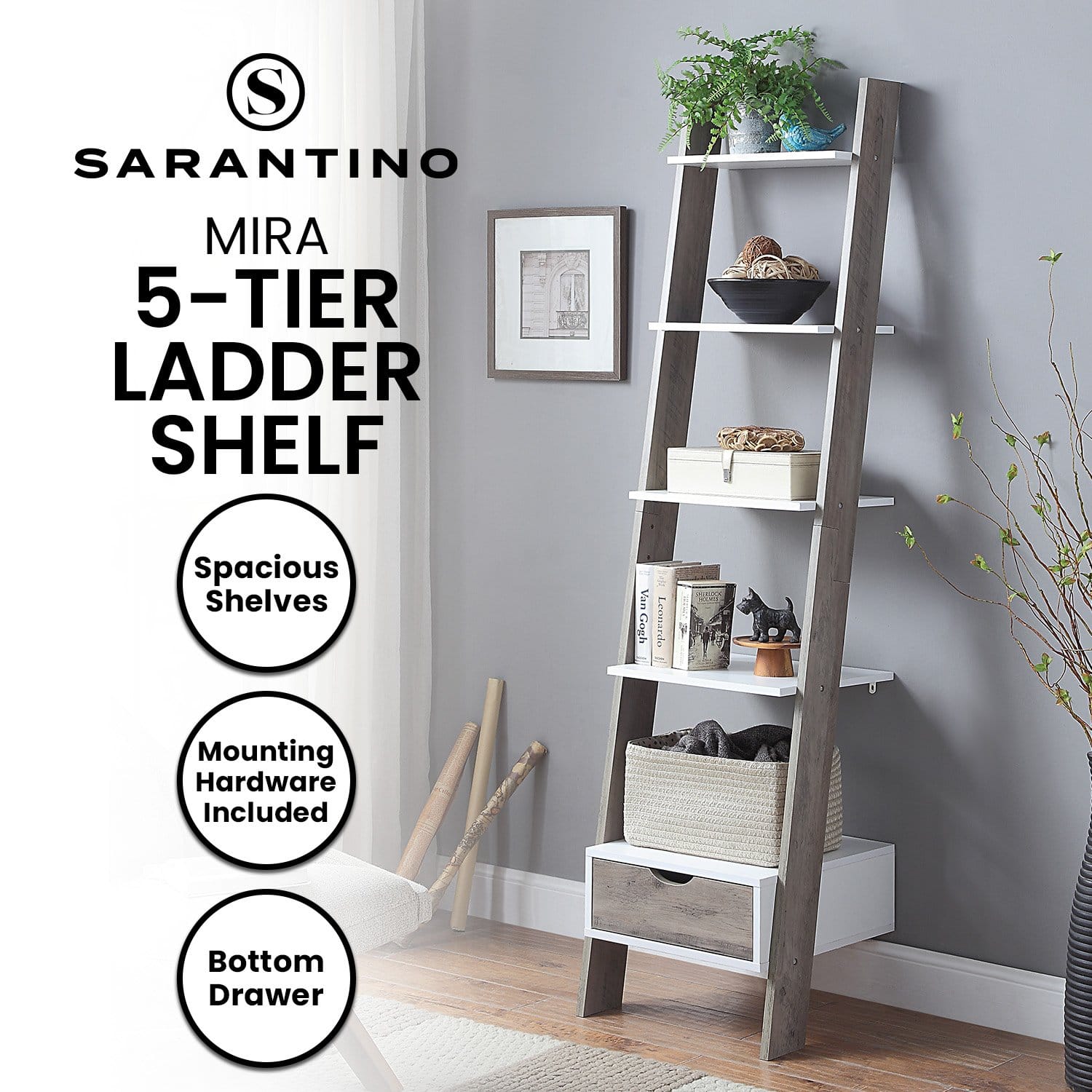 Ladder Shelf 5 Tier White 40x60x180cm