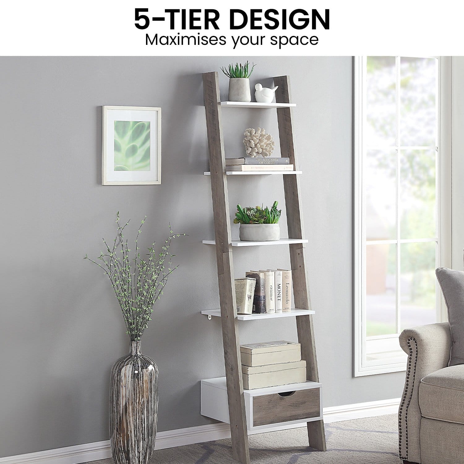 Ladder Shelf 5 Tier White 40x60x180cm