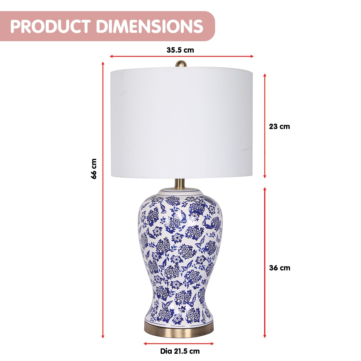 Ceramic Table Lamp White Cotton Shade 35.5x35.5x66cm