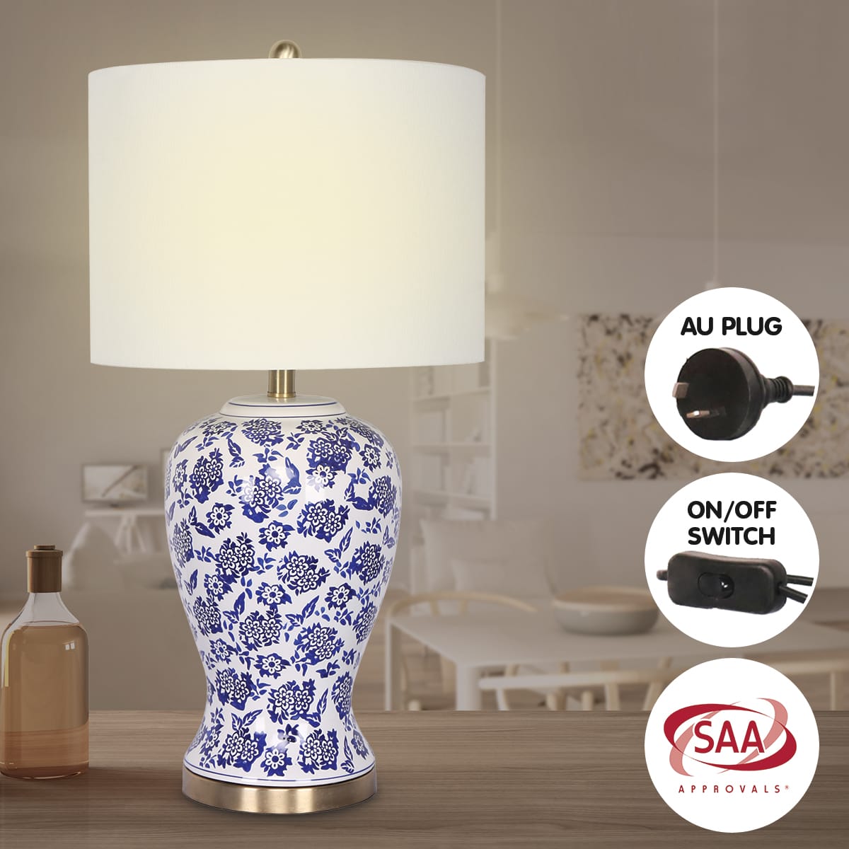 Ceramic Table Lamp White Cotton Shade 35.5x35.5x66cm