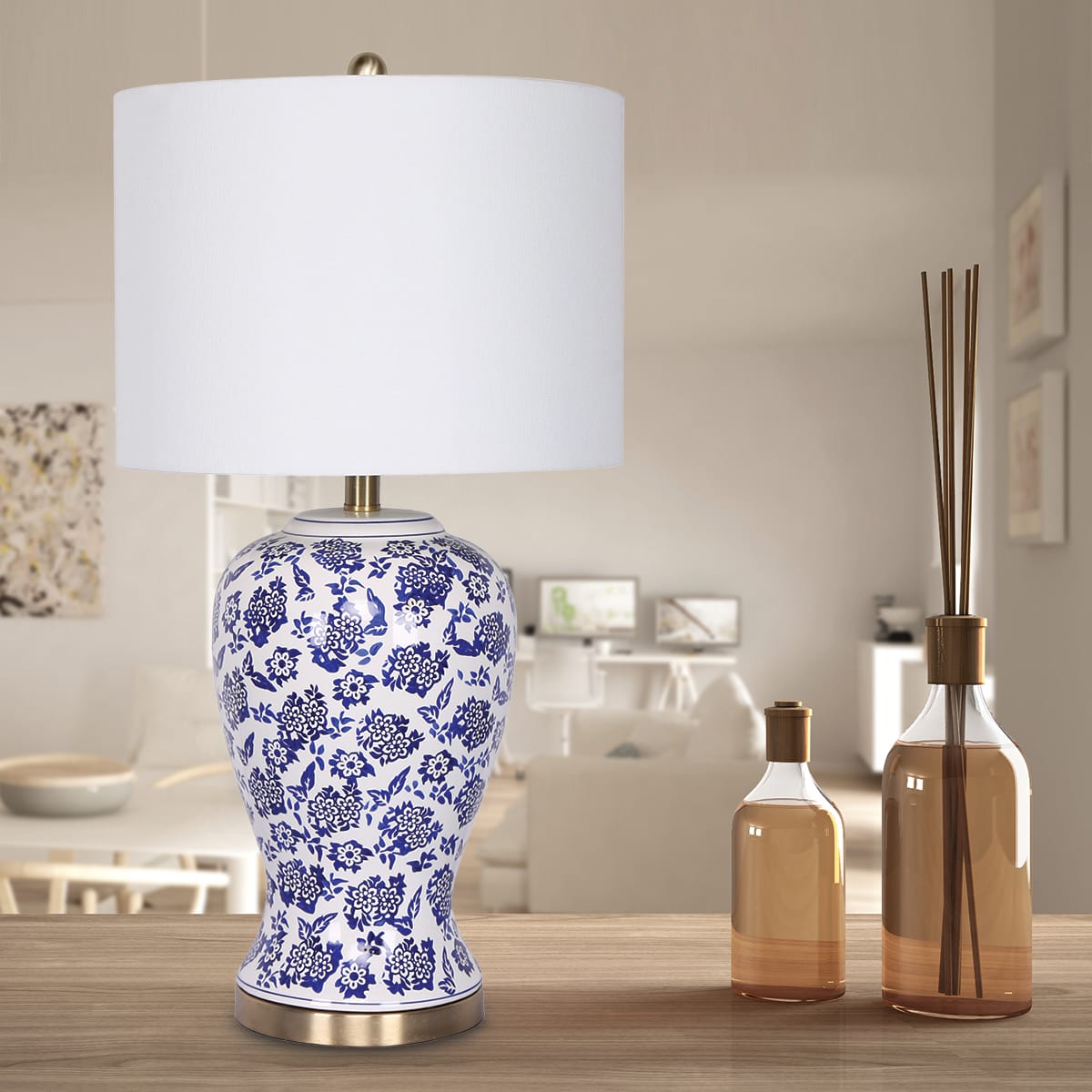 Ceramic Table Lamp White Cotton Shade 35.5x35.5x66cm