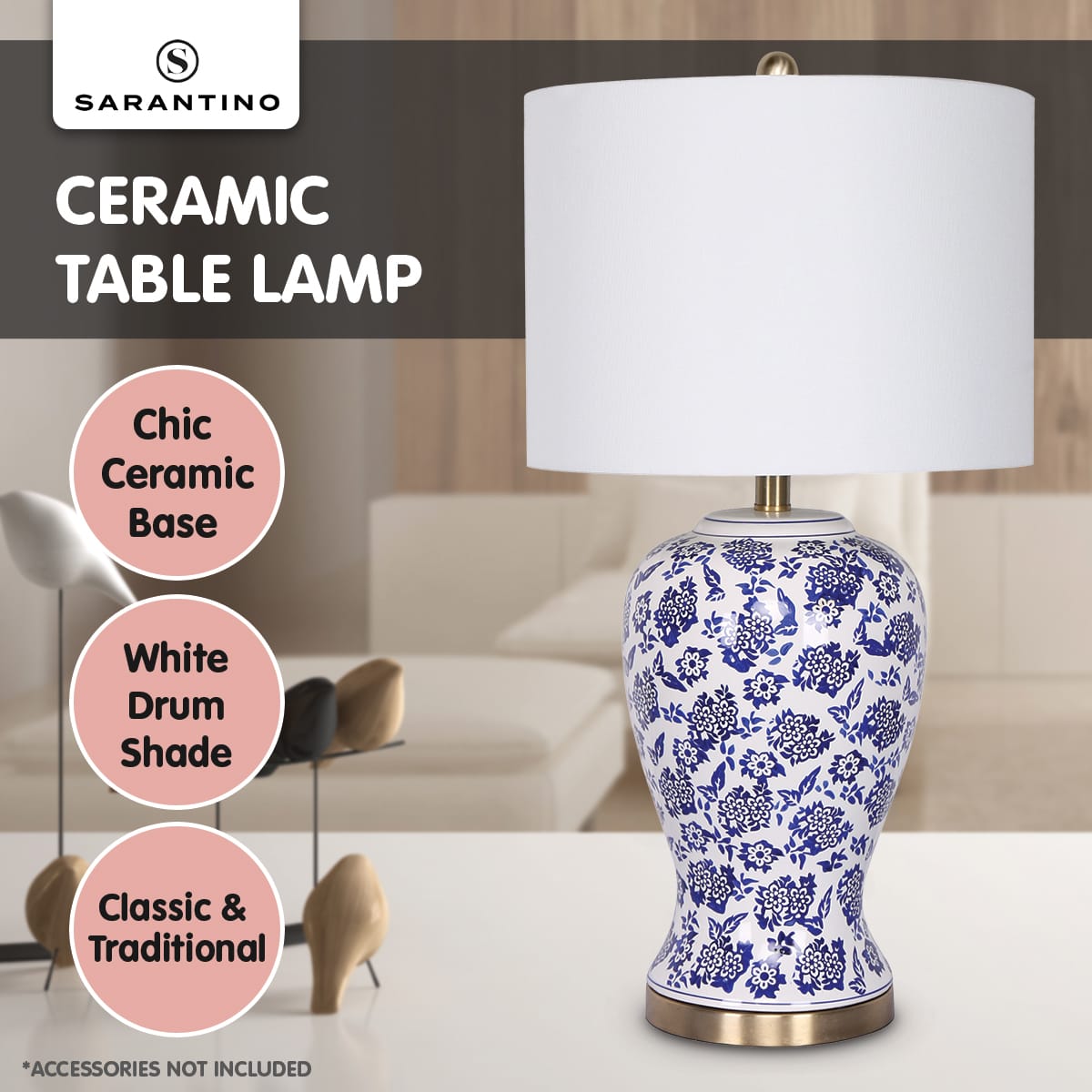Ceramic Table Lamp White Cotton Shade 35.5x35.5x66cm