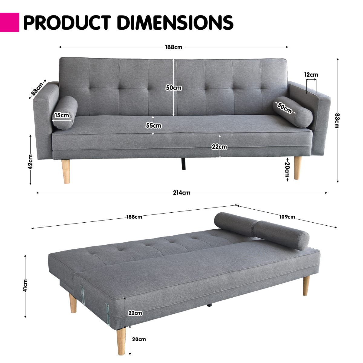 Grey Fabric Sofa Bed Lounge 214x88x83cm