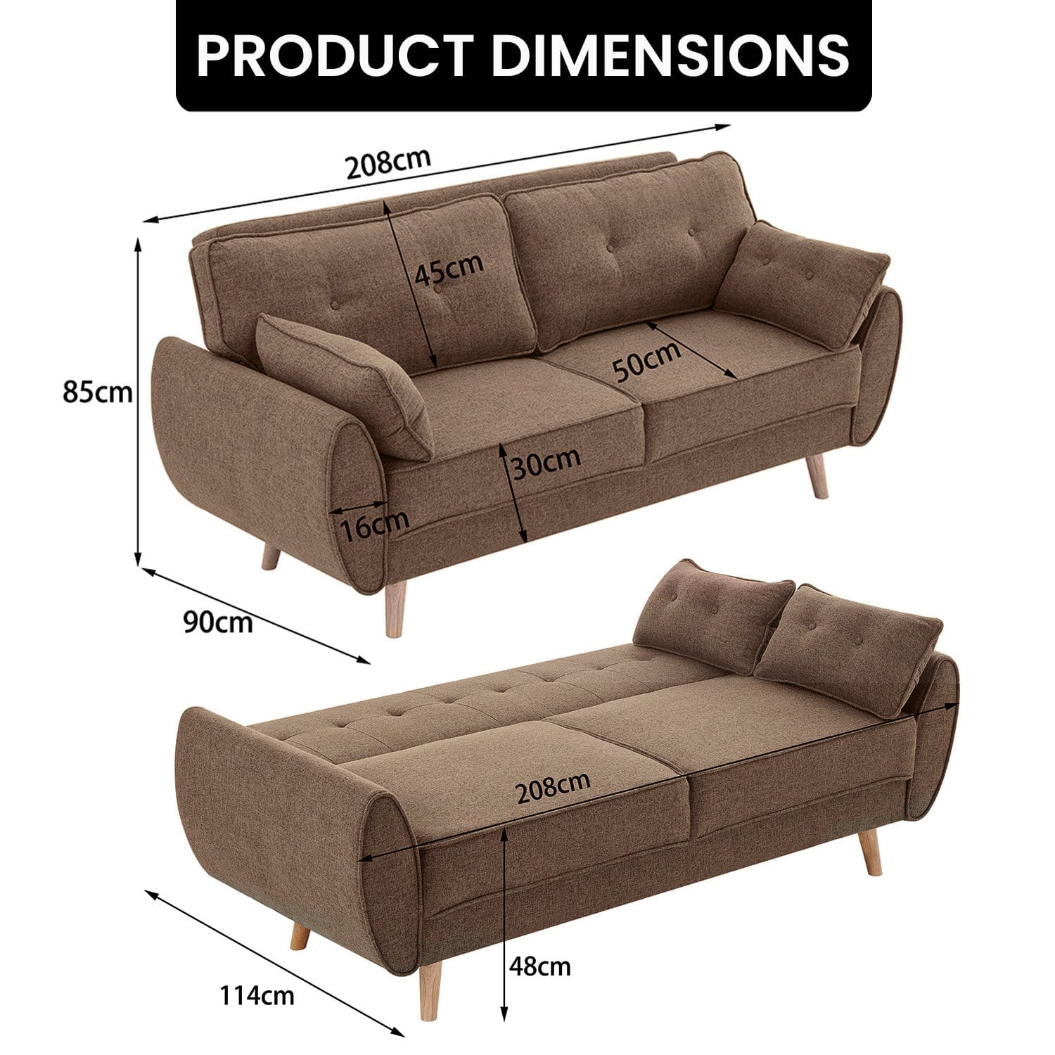 Modular Fabric Sofa Bed Brown