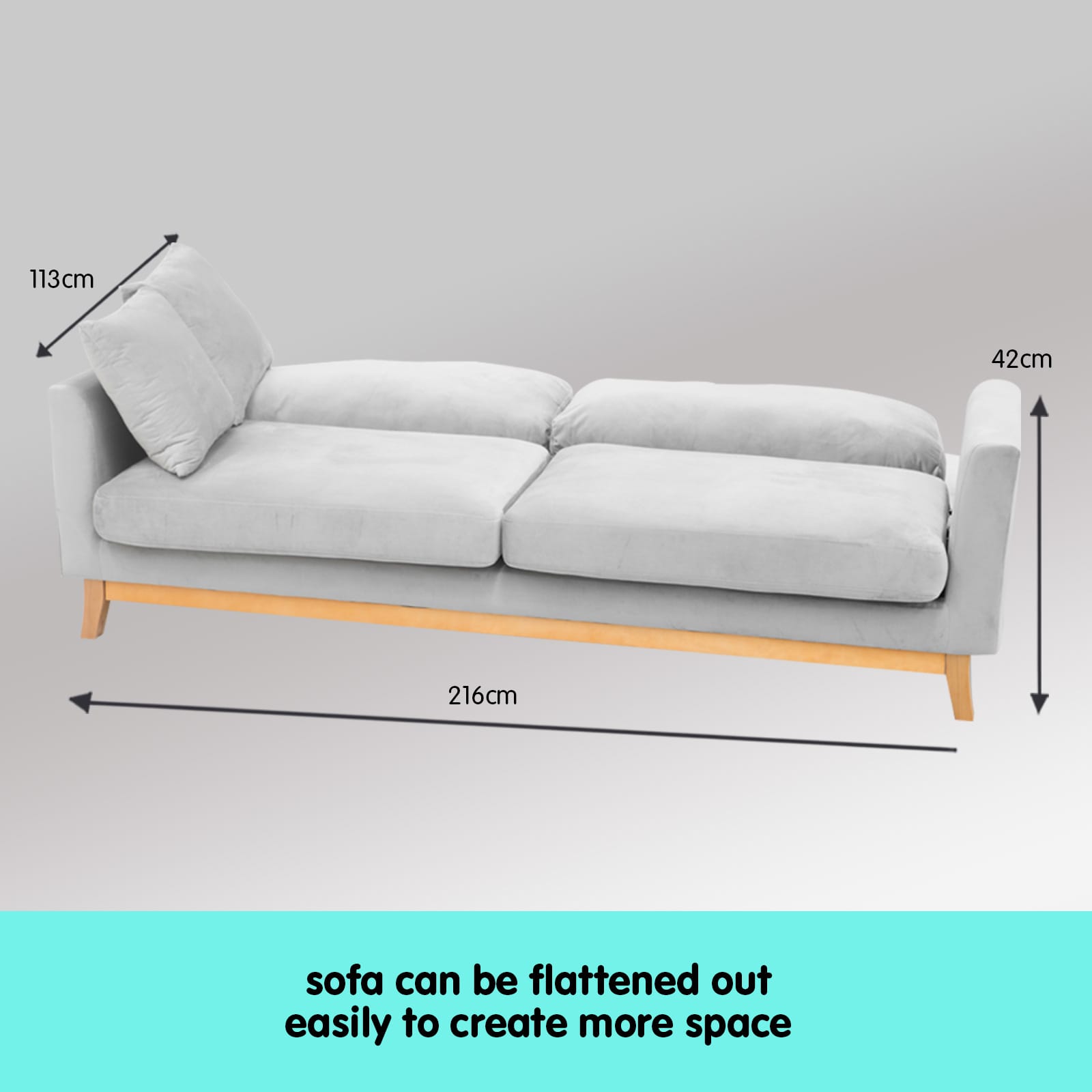 Grey Velvet Sofa Bed 216x92x85cm