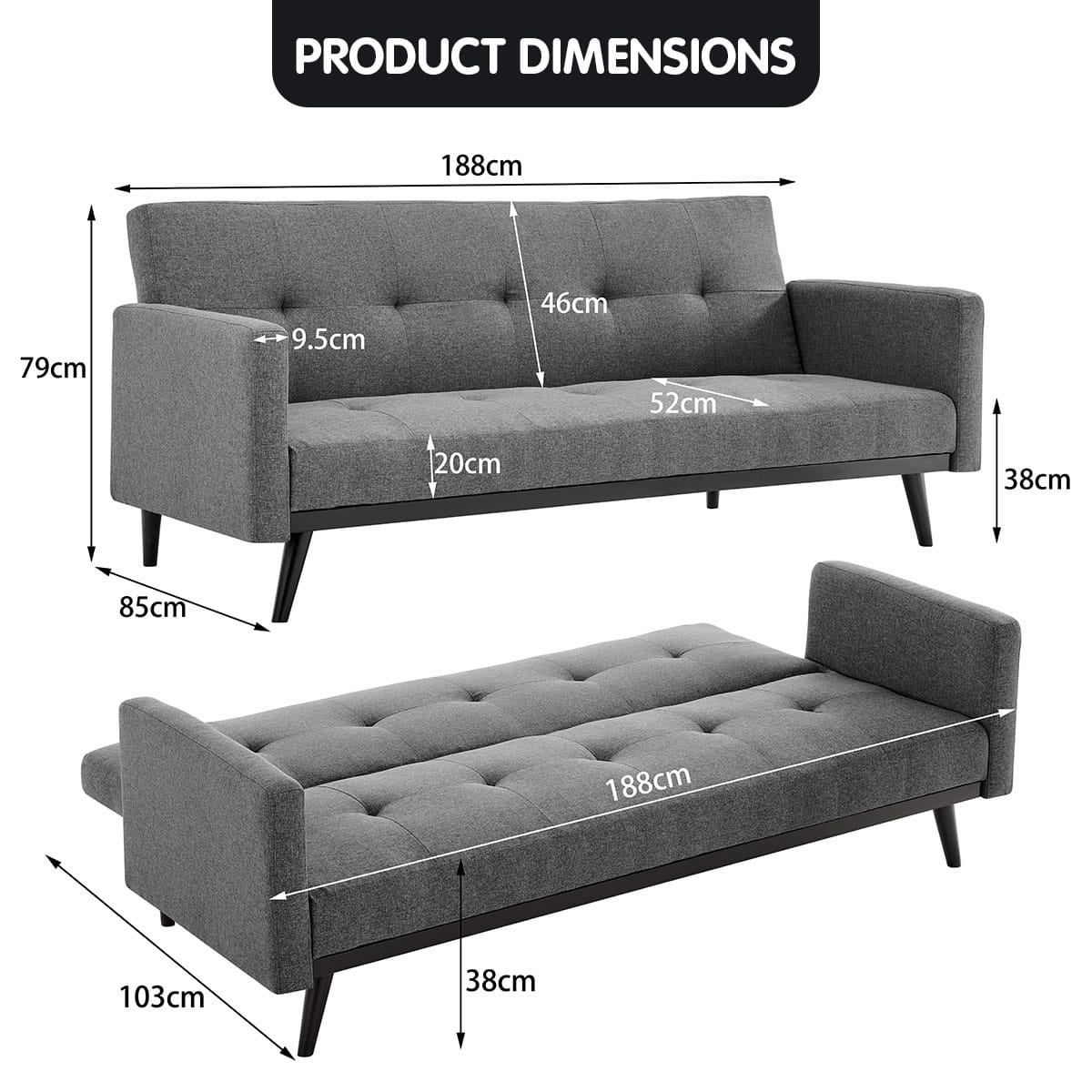 Grey Fabric 3-Seater Sofa Bed
