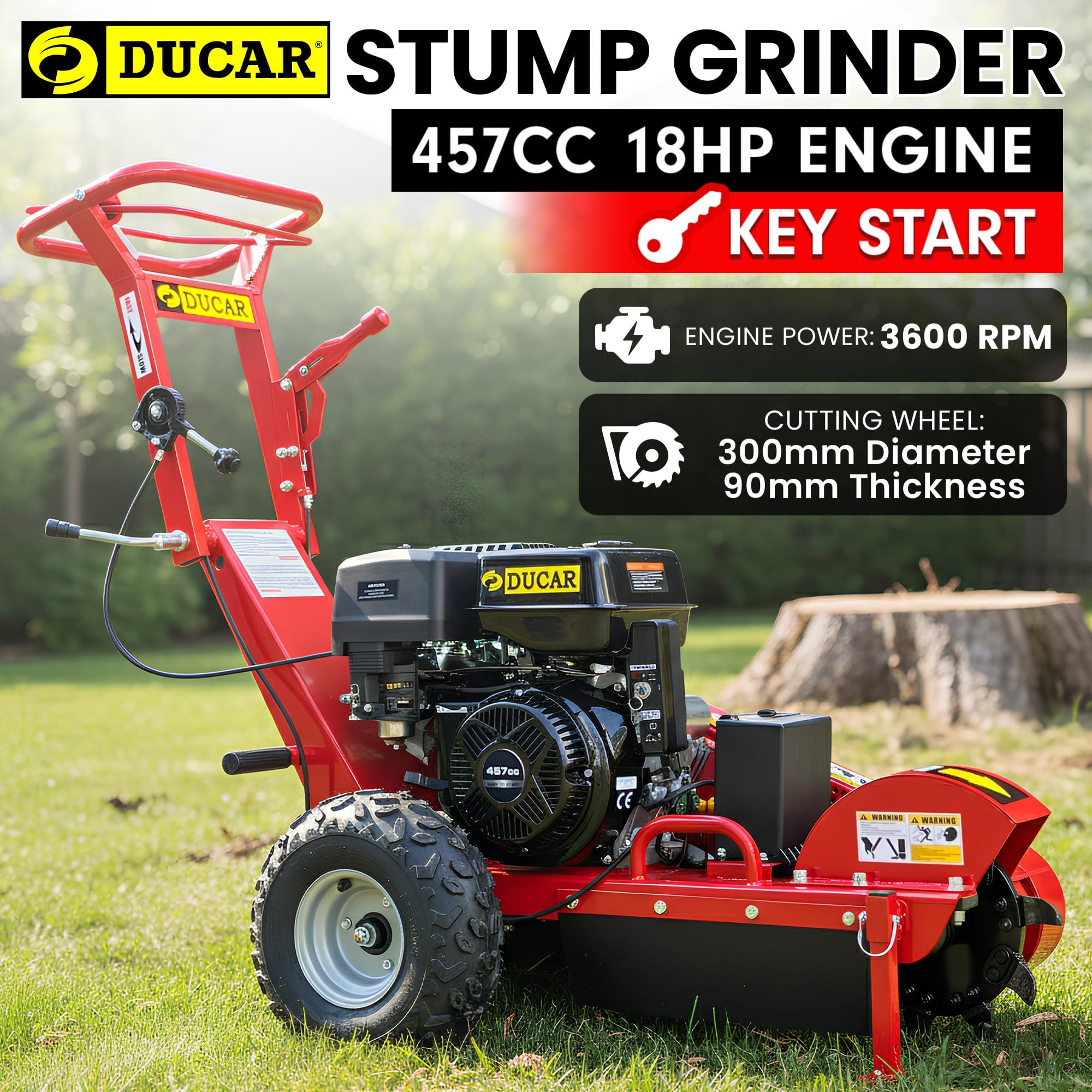18HP 457cc Petrol Stump Grinder Key Start Tungsten Teeth Heavy Duty Machine