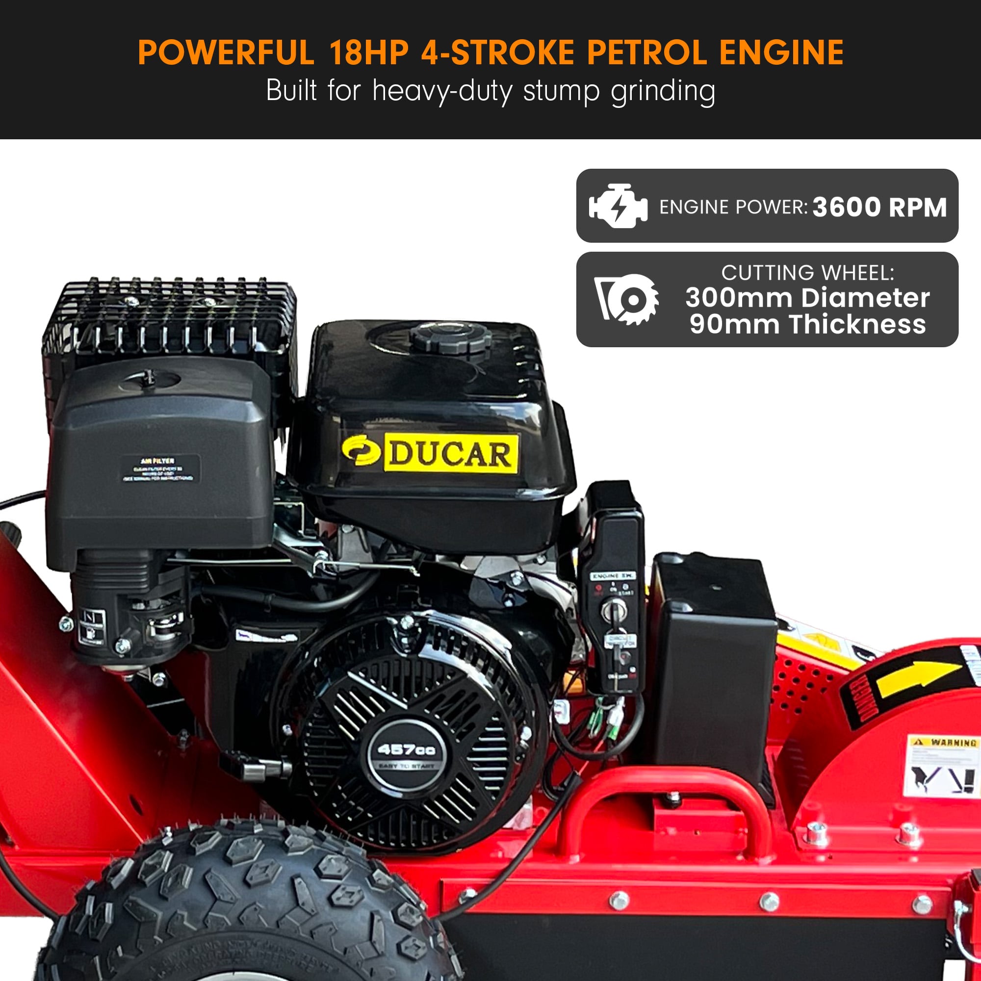 18HP 457cc Petrol Stump Grinder Key Start Tungsten Teeth Heavy Duty Machine