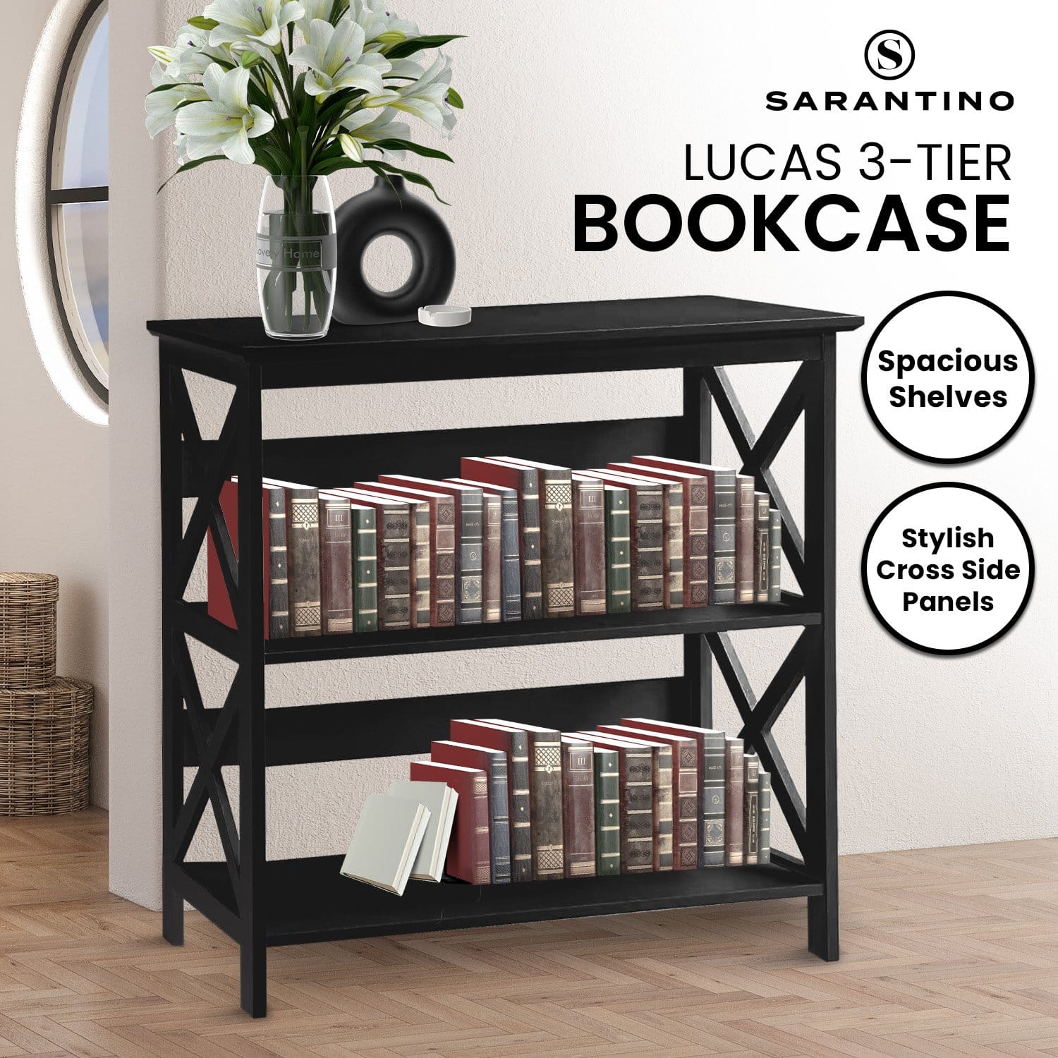 3-Tier Bookshelf Display Rack Black 80x30x82.5cm