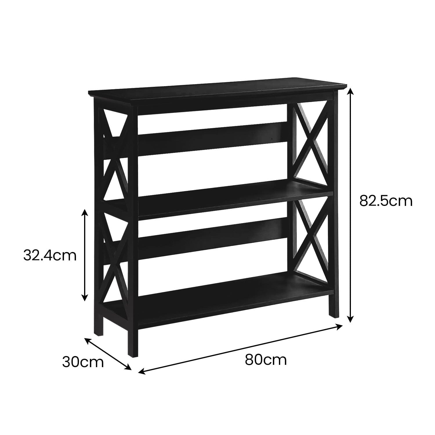 3-Tier Bookshelf Display Rack Black 80x30x82.5cm