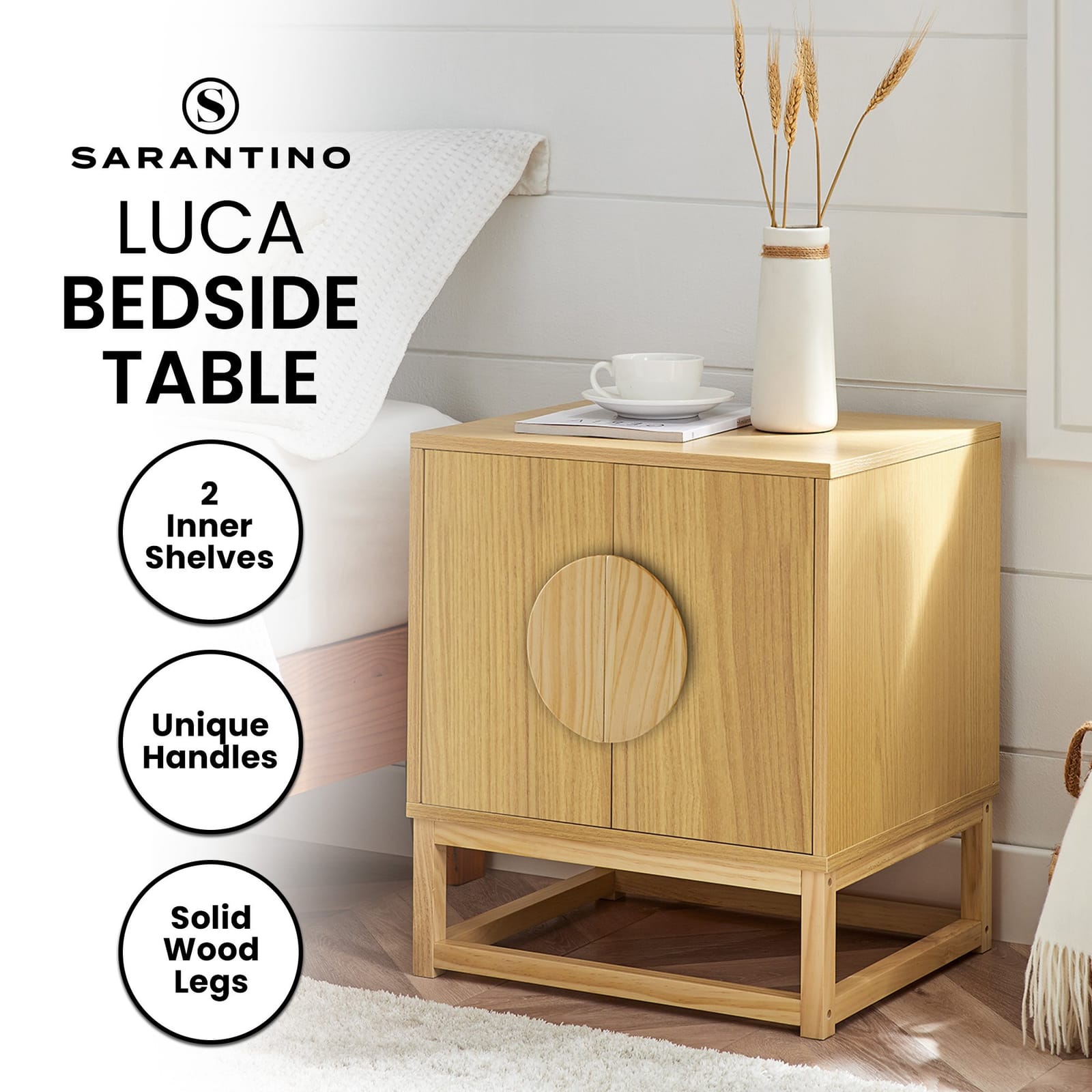 Bedside Table Natural Wood 48x40x55cm