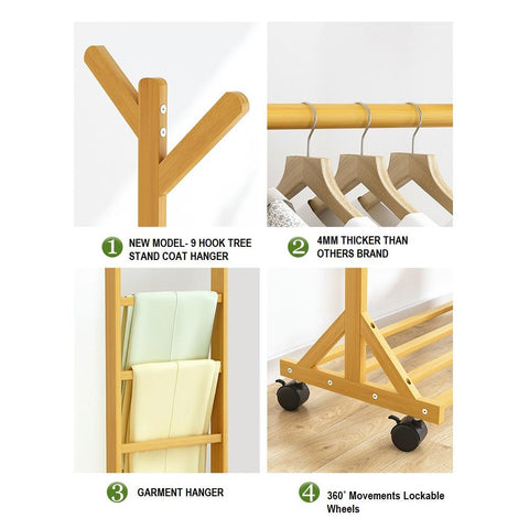 Coat Stand Rack Rail Clothes With Shelf Bamboo Without Rack Rail Natural Finished