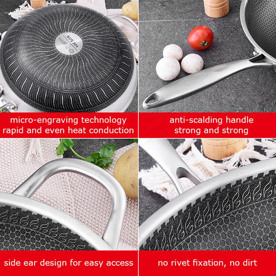 32Cm Stainless Steel Non-Stick Stir Fry Cooking Wok Pan With Lid - Kitchen Honeycomb