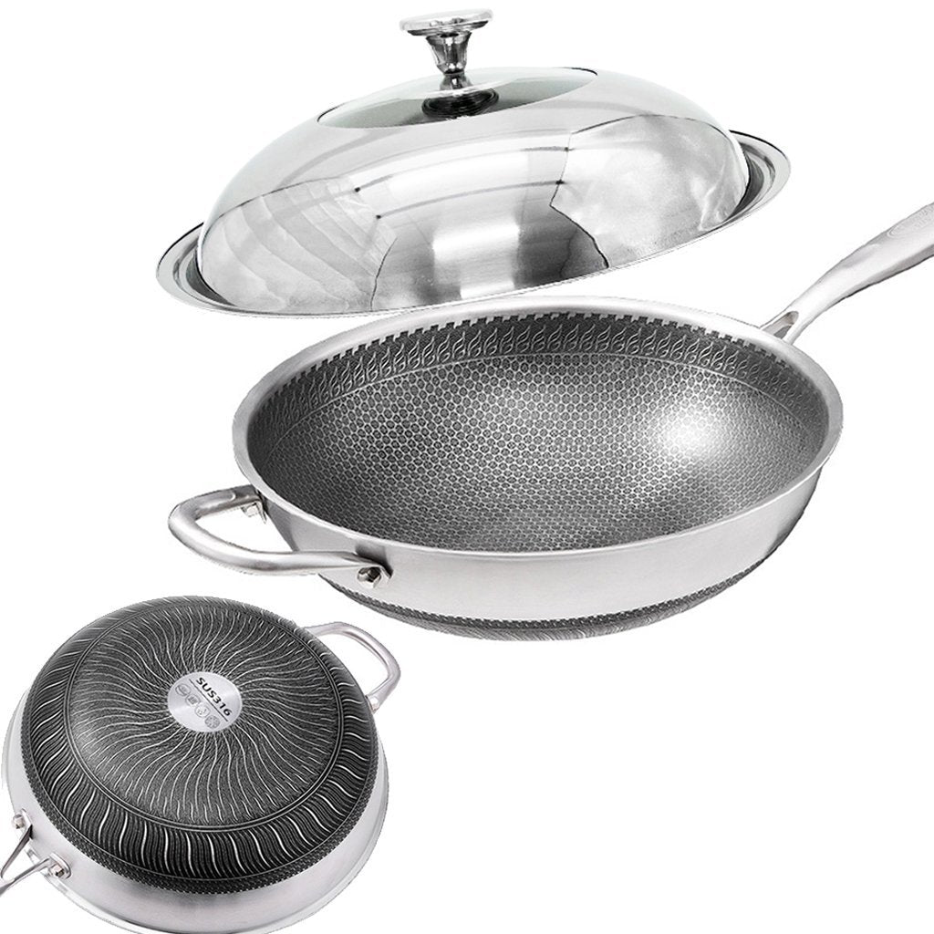 32Cm Stainless Steel Non-Stick Stir Fry Cooking Wok Pan With Lid Double Sided