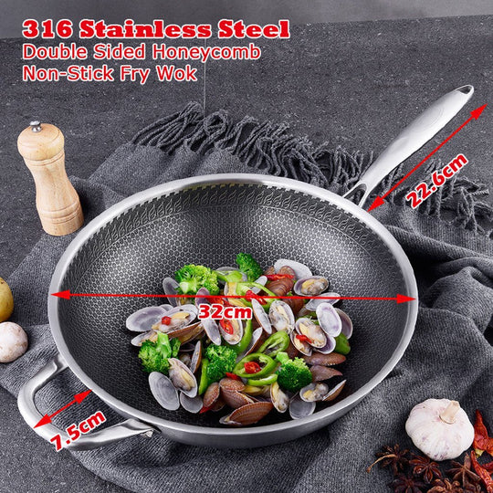 Skillets & Frying Pans - 32Cm Stainless Steel Non-Stick Stir Fry Cooking Wok Pan With Lid Double Sided