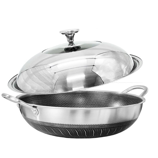 34Cm Stainless Steel Double Ear Non-Stick Stir Fry Cooking With Lid Double Sided - Pan Honeycomb