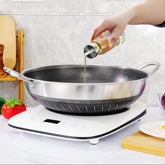 Stainless Steel 34Cm Non-Stick Stir Fry Cooking Double Ear Kitchen Double Sided - Wok Pan Lid
