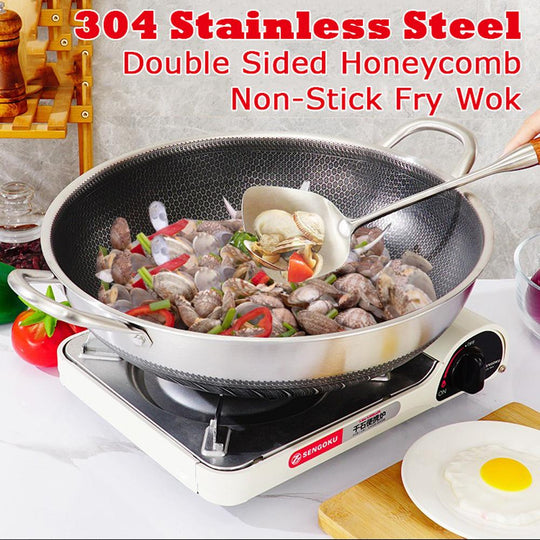 36Cm Stainless Steel Non-Stick Stir Fry Cooking Kitchen Wok Pan With Lid Double Sided - Skillets & Frying Pans