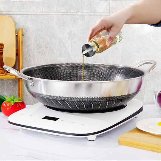 Double Ear Stainless Steel 38Cm Non-Stick With Lid Honeycomb Double Sided - Stir Fry Cooking Kitchen