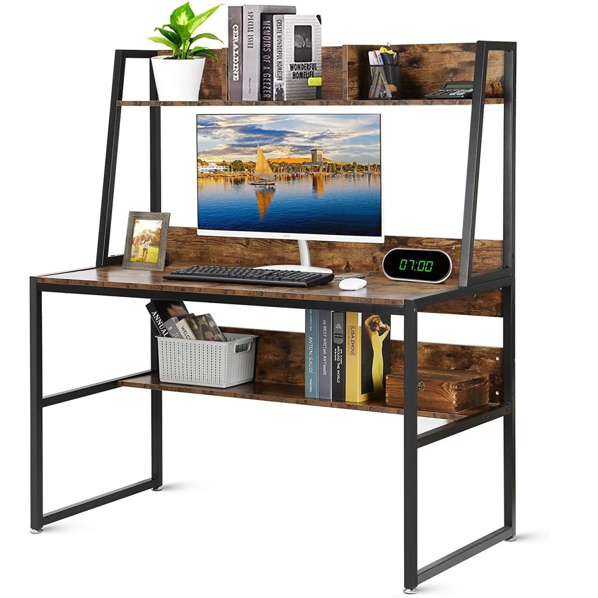 Computer Table Desk Book Storage Student Study Home Office Rustic Brown