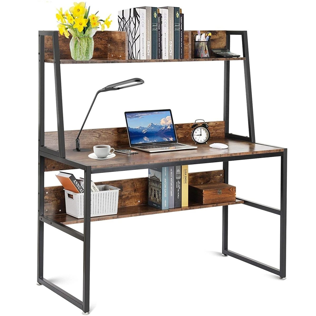 Computer Table Desk Book Storage Student Study Home Office Rustic Brown