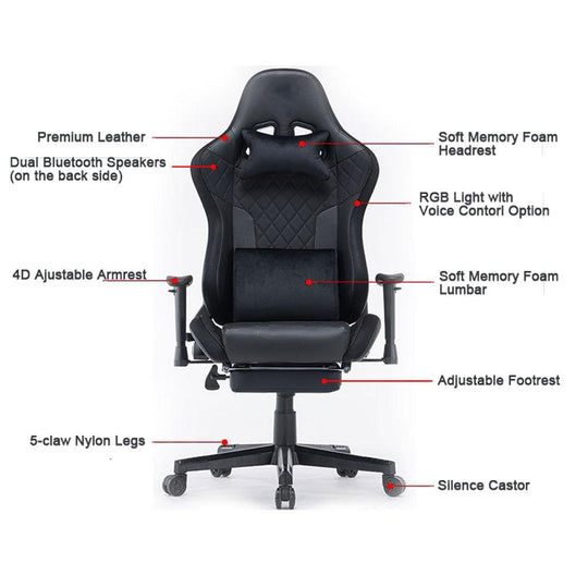 7 Rgb Lights Bluetooth Speaker Gaming Chair Ergonomic Racing Chair Black - Reclining Seat Armrest Footrest