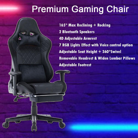 7 Rgb Lights Bluetooth Speaker Gaming Chair Reclining Gaming Seat 4D Armrest Footrest Black
