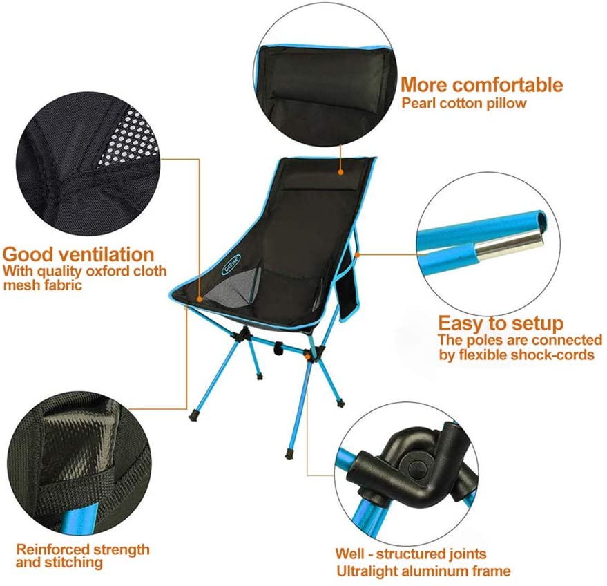 Camping Chair Folding High Back Backpacking Chair With Headrest Orange