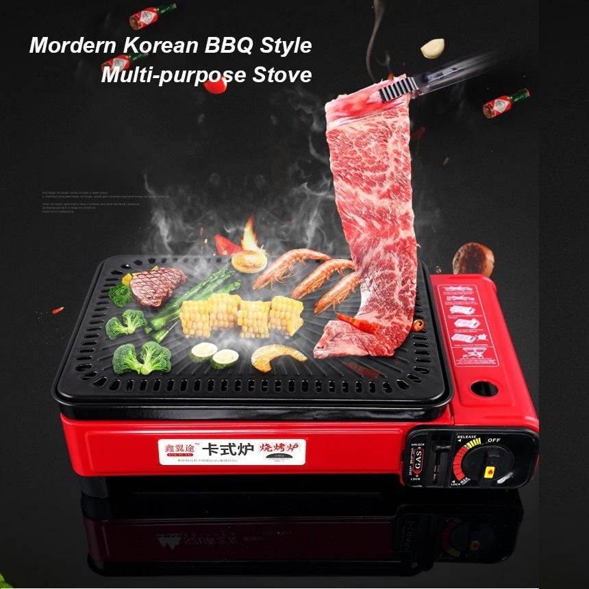 Portable Gas Stove Butane Bbq Camping Gas Cooker With Non Stick Plate Red Without Fish Pan And Lid