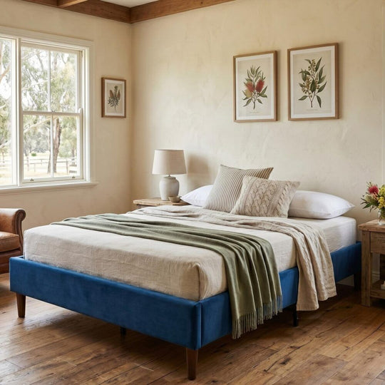 Double Velvet Bed Frame with Wood Slats Blue - Beds & Bed Frames