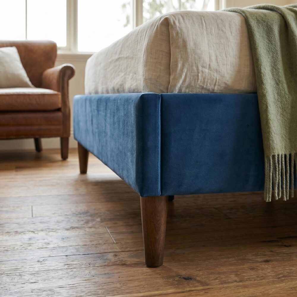 Double Velvet Bed Frame with Wood Slats Blue